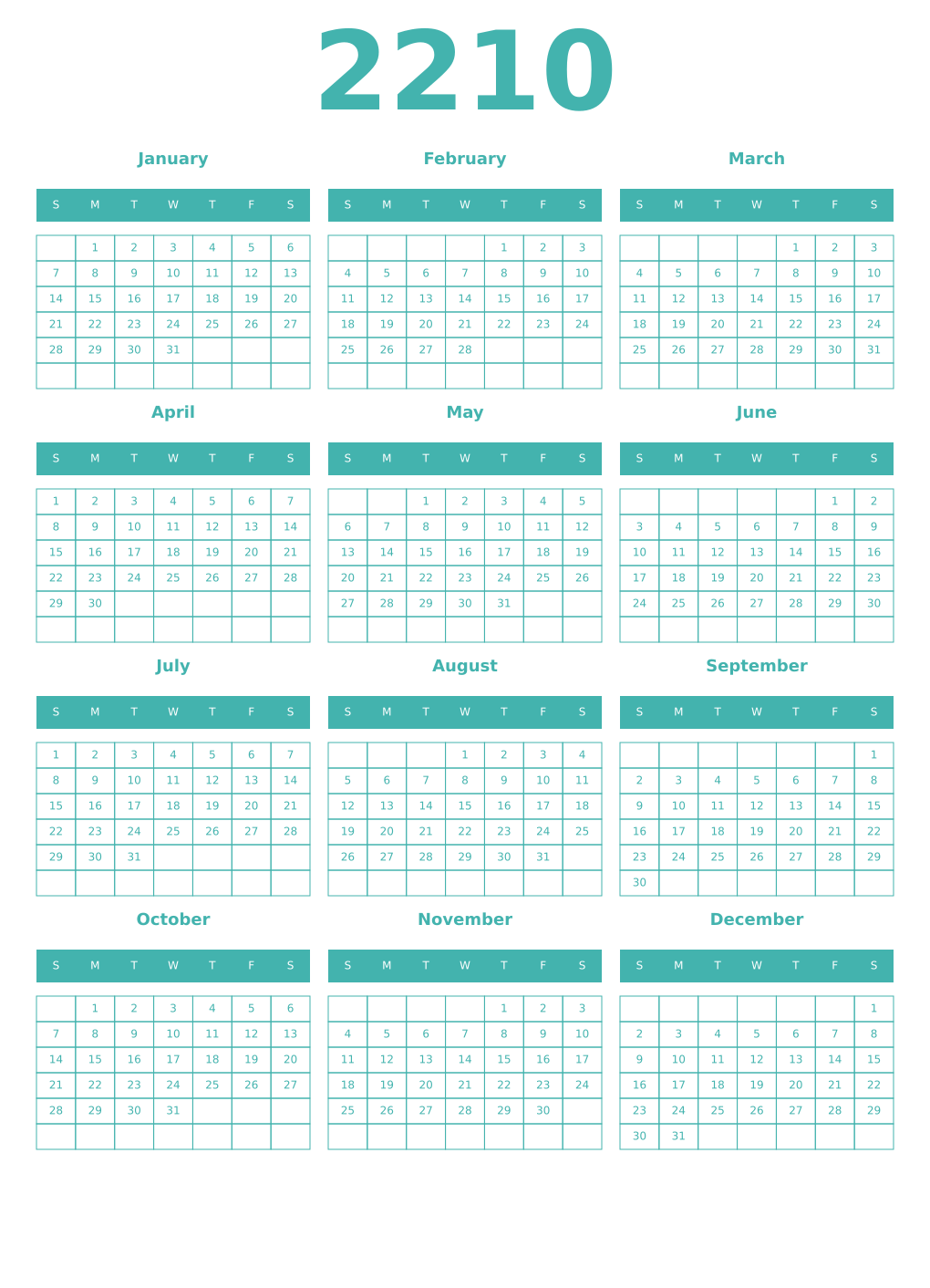 Printable 2210 Year Calendars verdigris