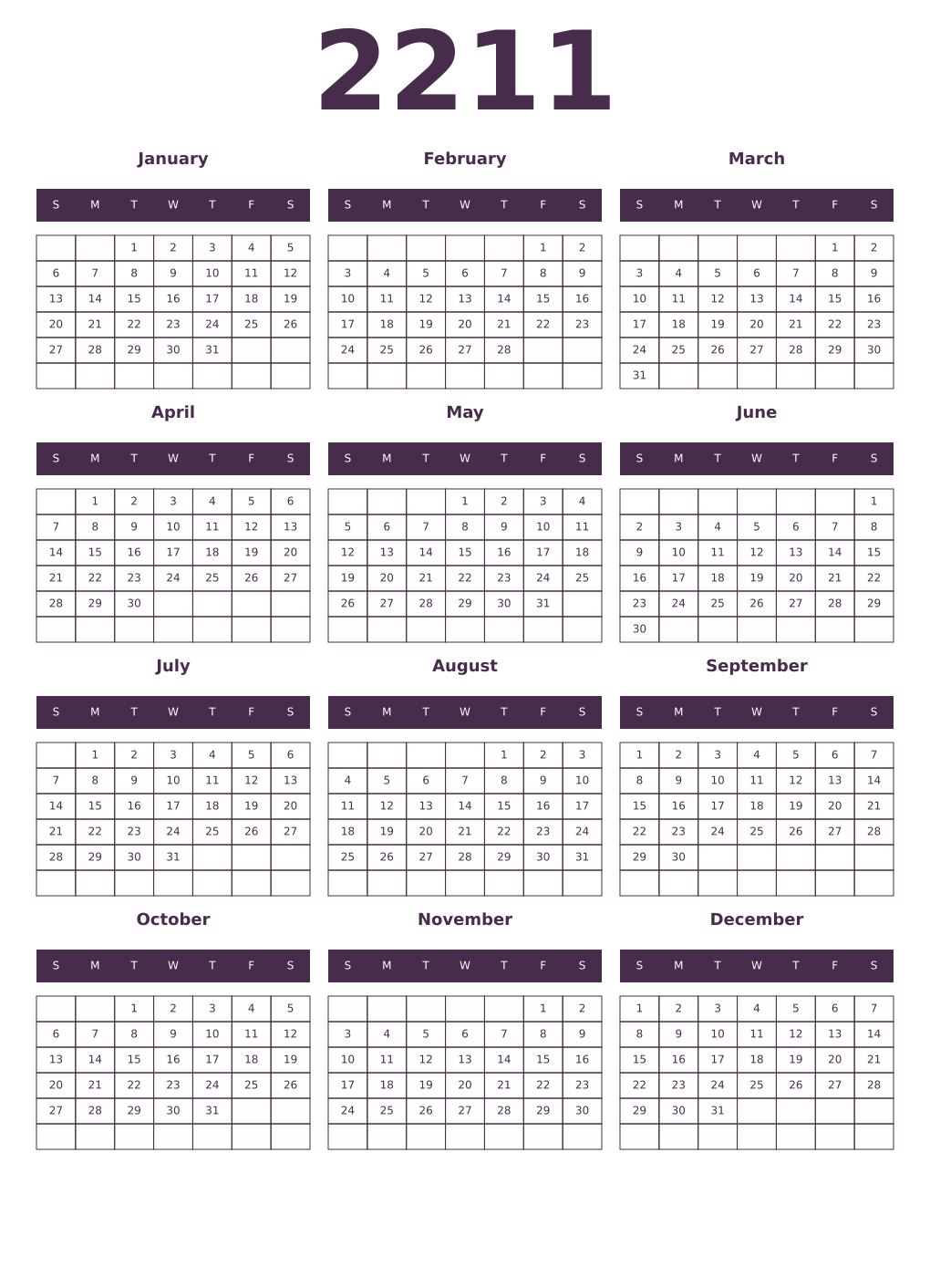 Printable 2211 Year Calendars aubergine