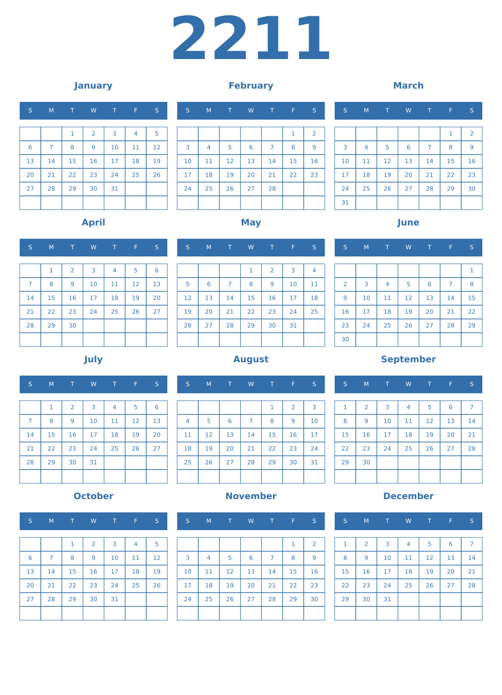 Printable 2211 Year Calendars blue