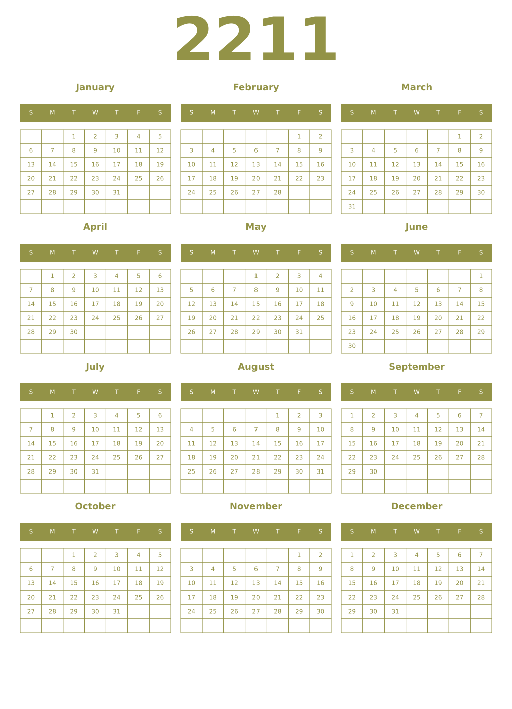 Printable 2211 Year Calendars eburnean