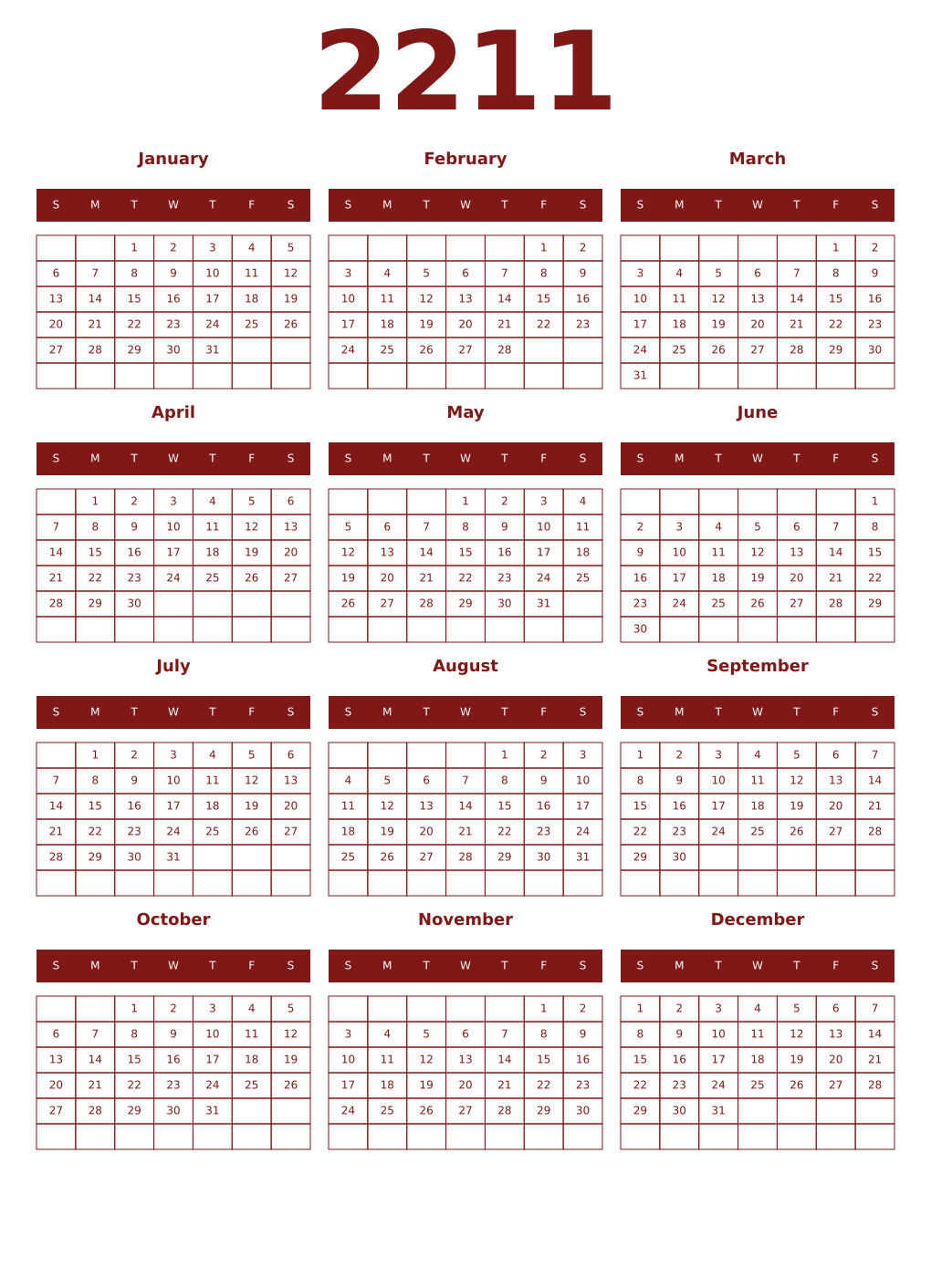 Printable 2211 Year Calendars falu