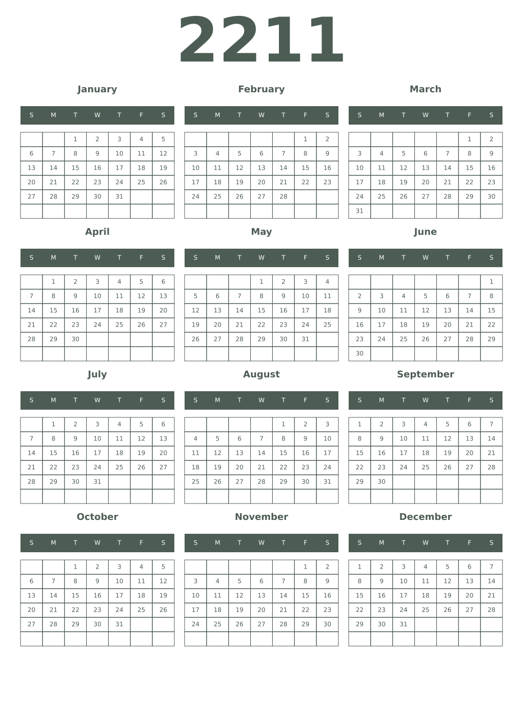 Printable 2211 Year Calendars feldgrau