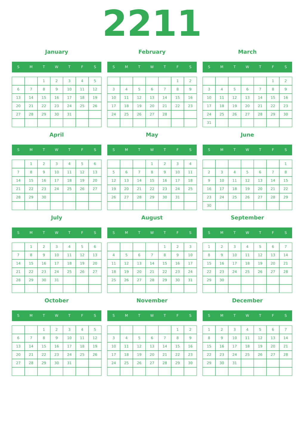 Printable 2211 Year Calendars green