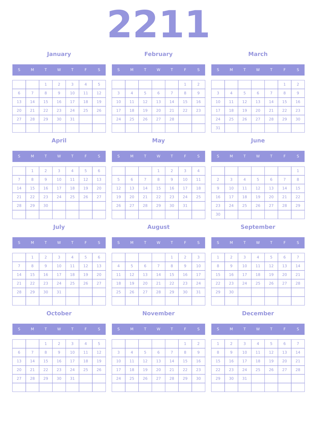 Printable 2211 Year Calendars periwinkle