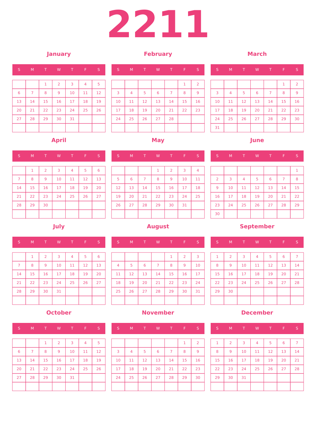 Printable 2211 Year Calendars pink