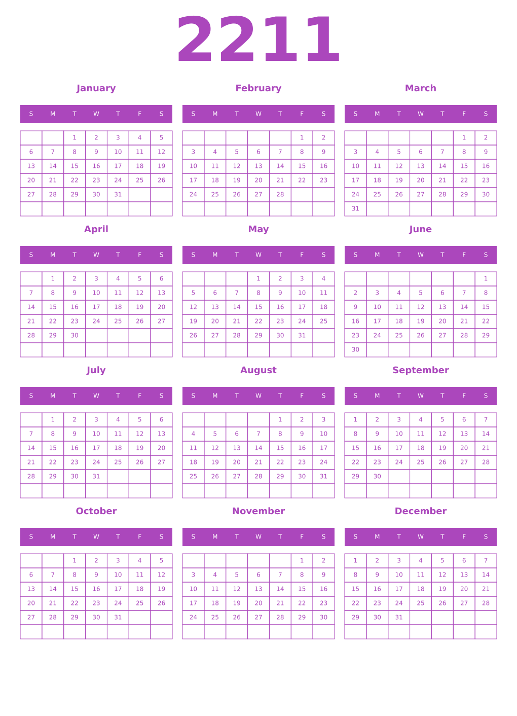 Printable 2211 Year Calendars purple