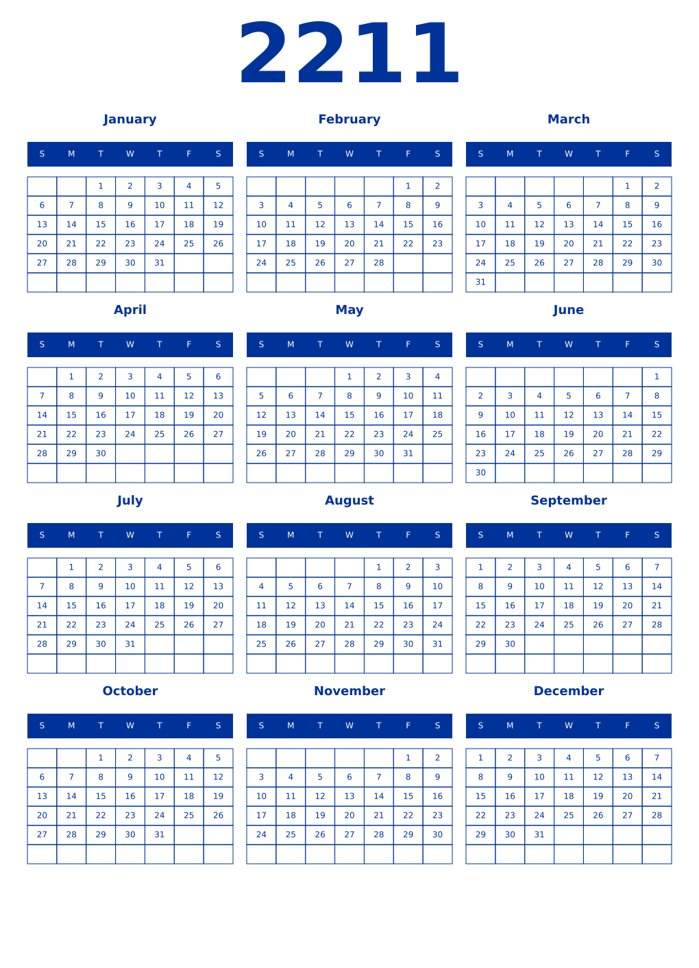 Printable 2211 Year Calendars smalt