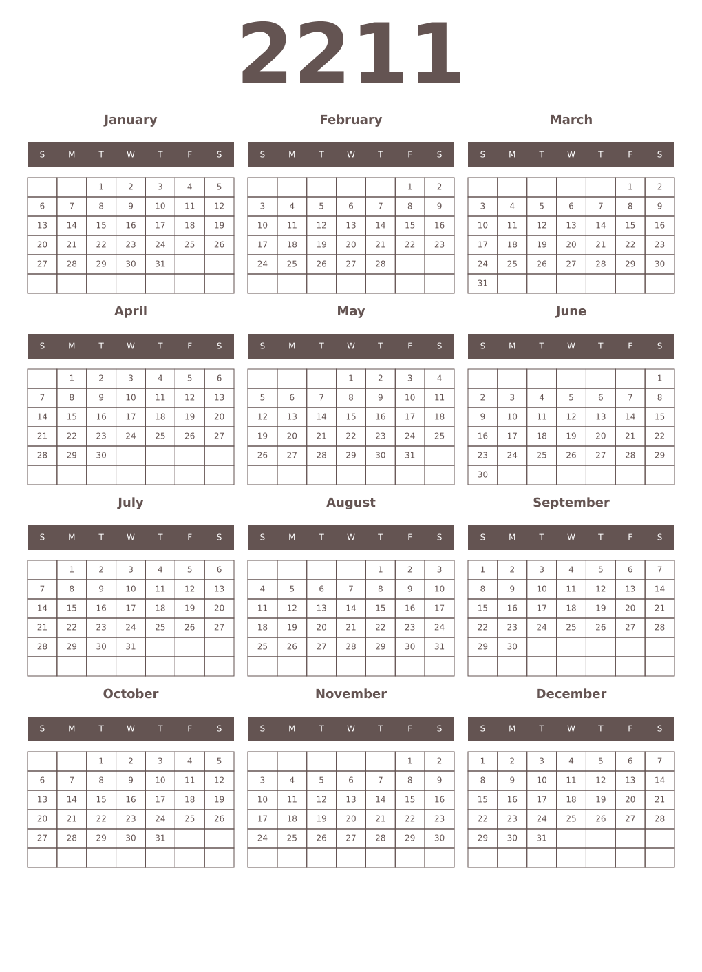 Printable 2211 Year Calendars wenge