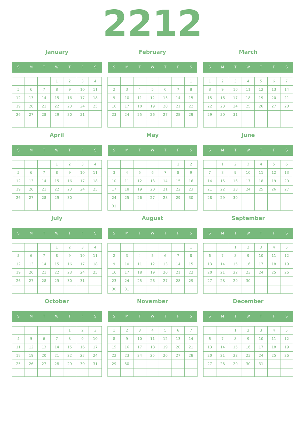 Printable 2212 Year Calendars celadon