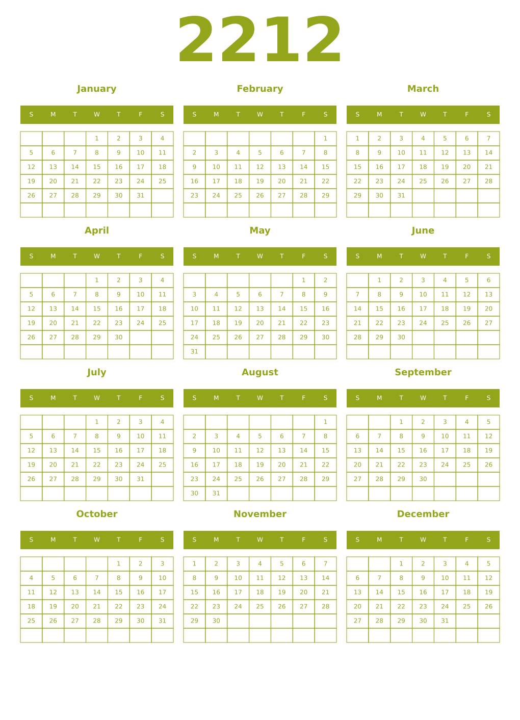 Printable 2212 Year Calendars chartreuse
