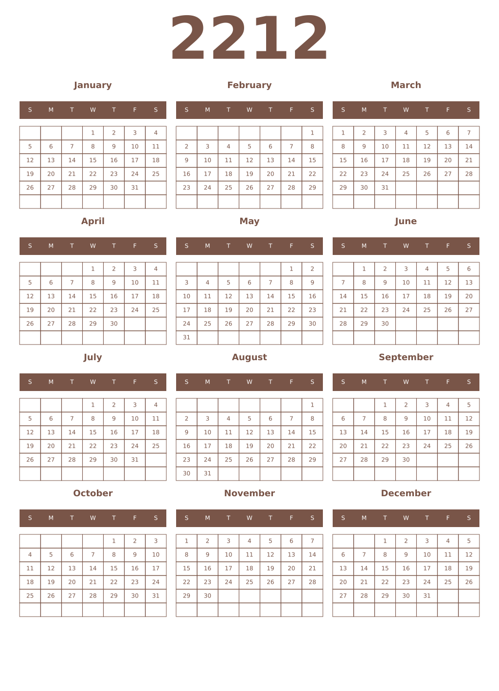Printable 2212 Year Calendars coffe
