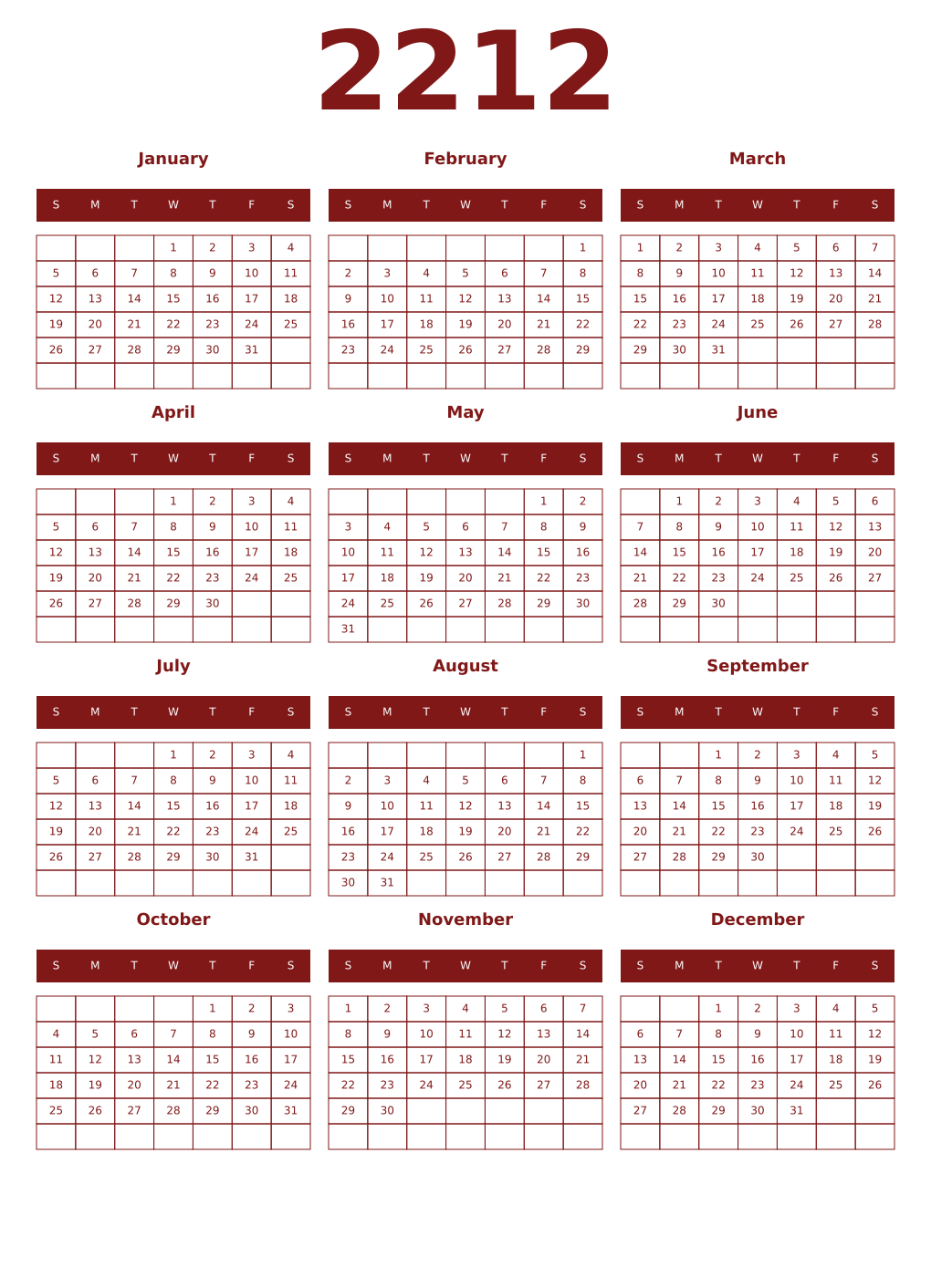 Printable 2212 Year Calendars falu