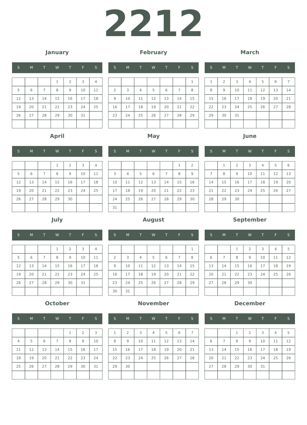 Printable 2212 Year Calendars feldgrau