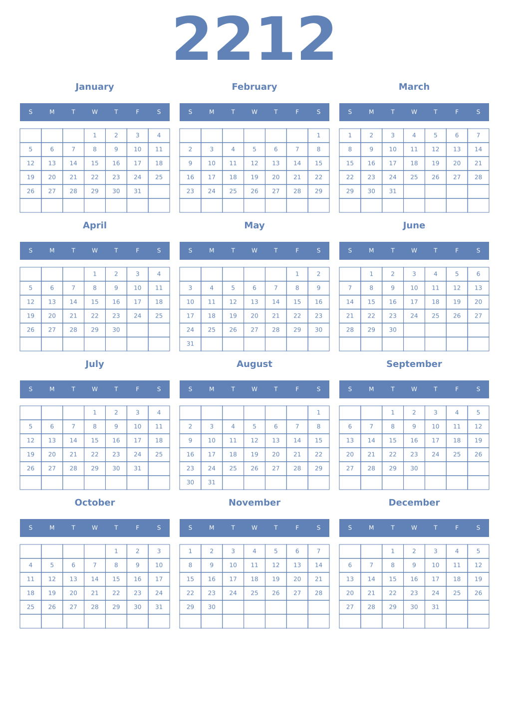 Printable 2212 Year Calendars glaucous