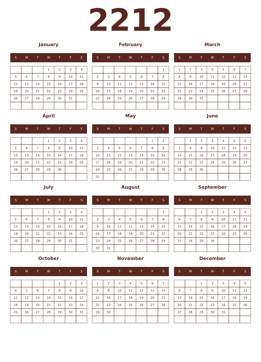Printable 2212 Year Calendars mortuum