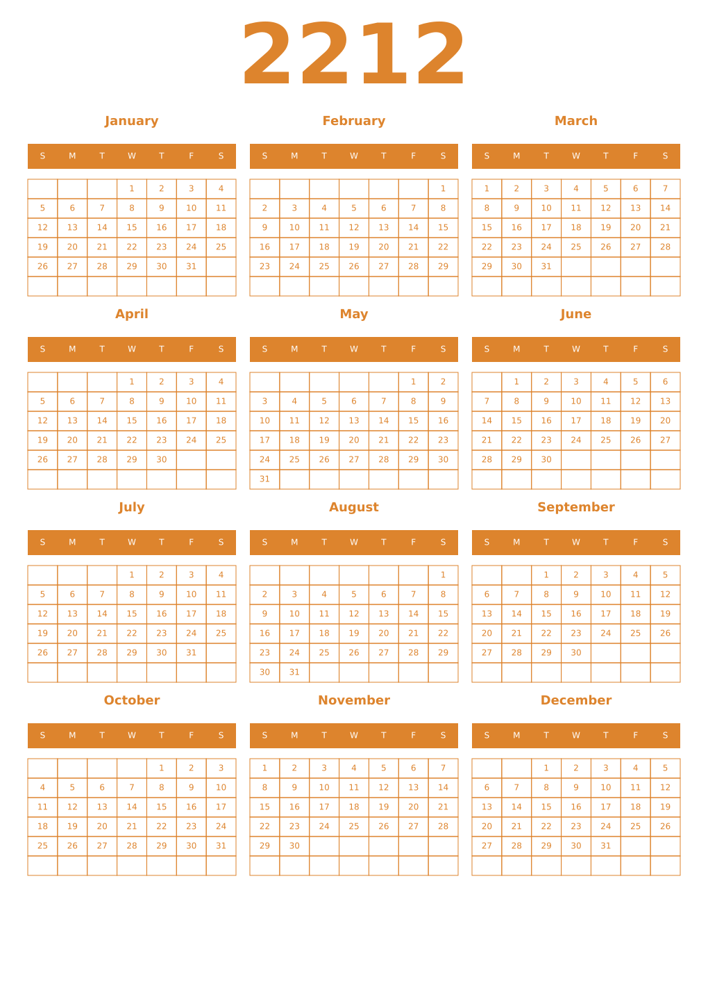 Printable 2212 Year Calendars orange