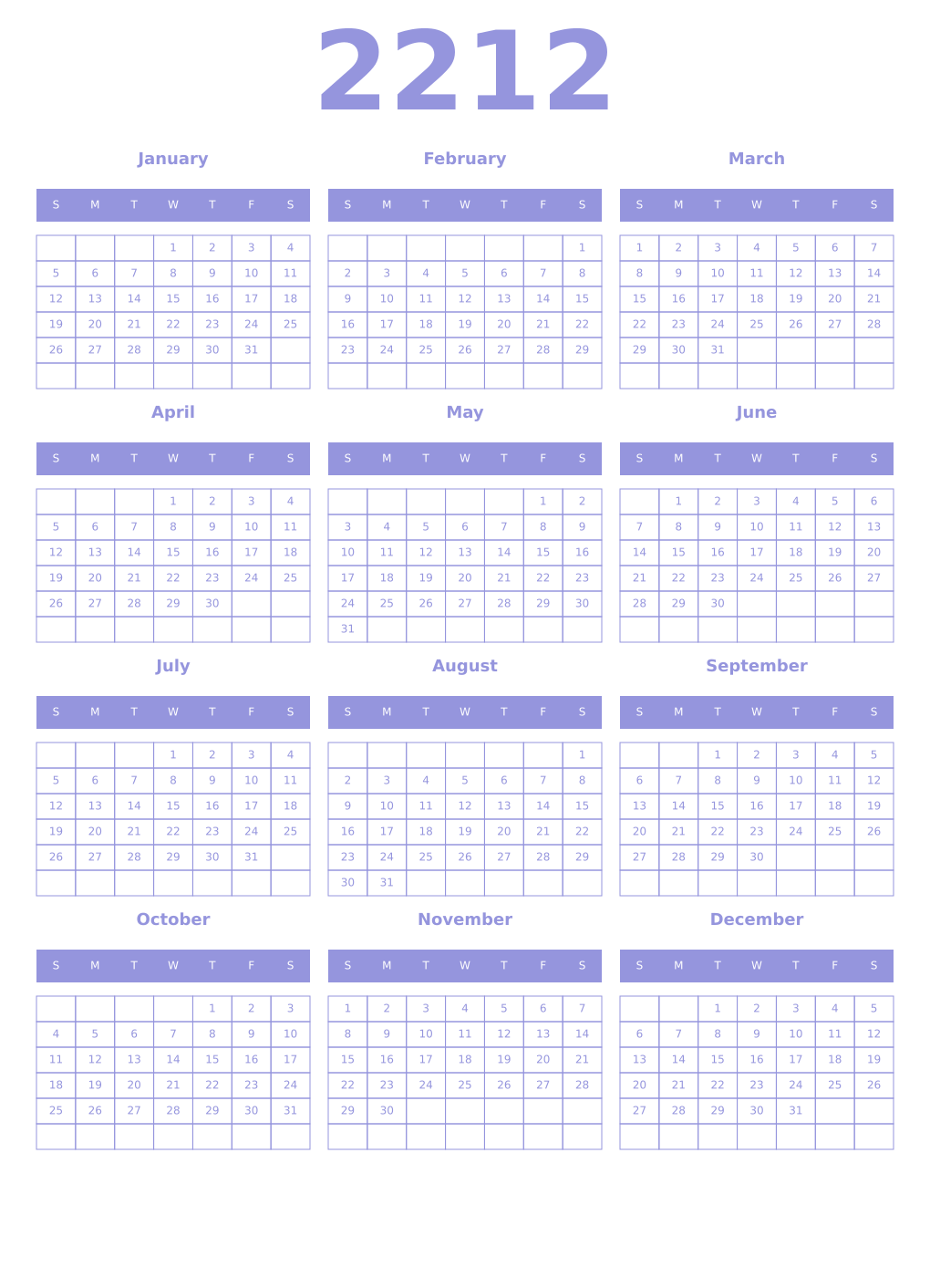 Printable 2212 Year Calendars periwinkle