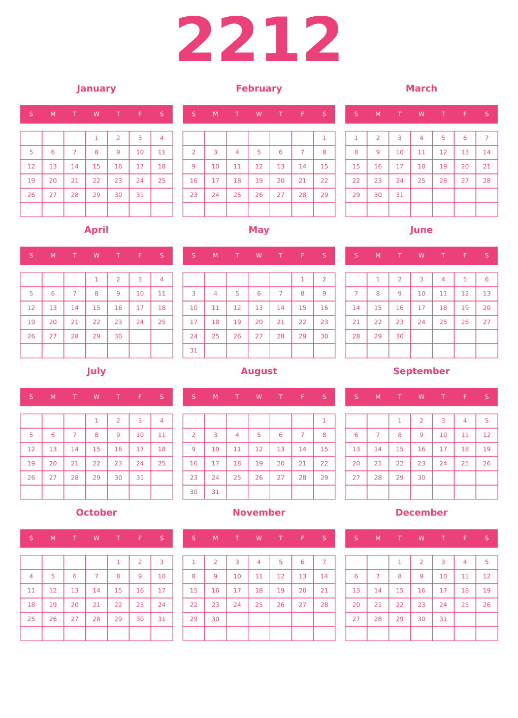 Printable 2212 Year Calendars pink