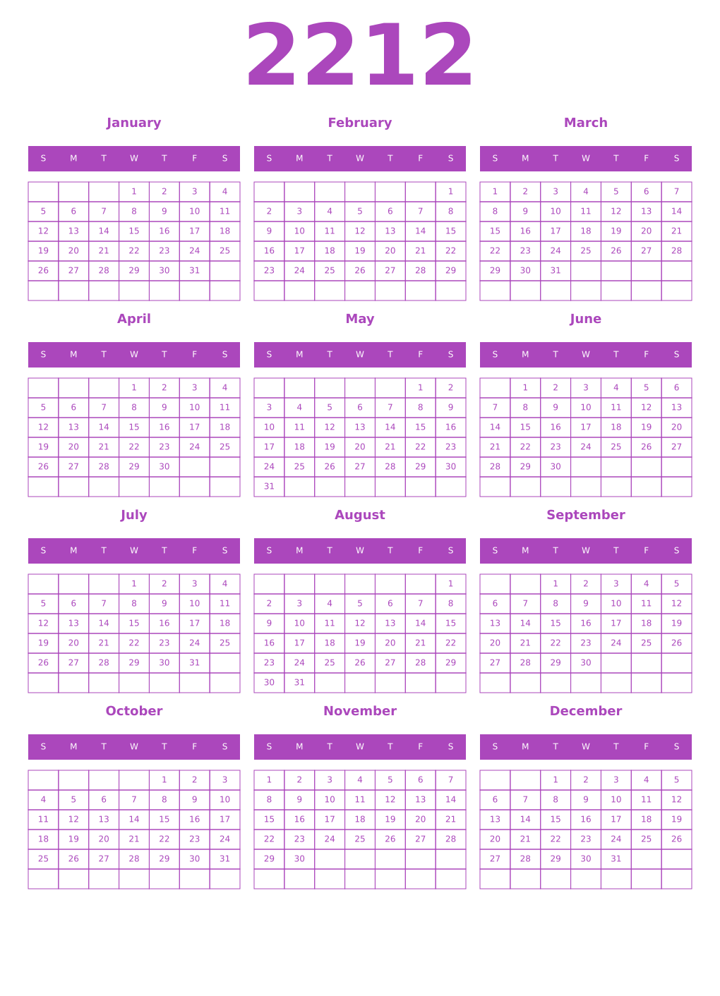 Printable 2212 Year Calendars purple