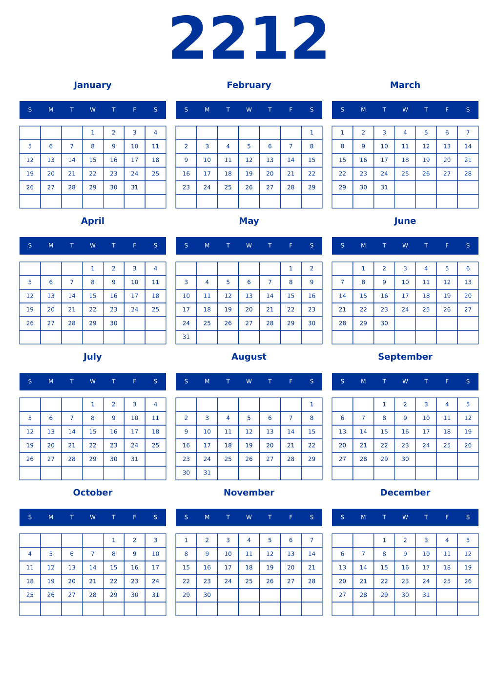 Printable 2212 Year Calendars smalt