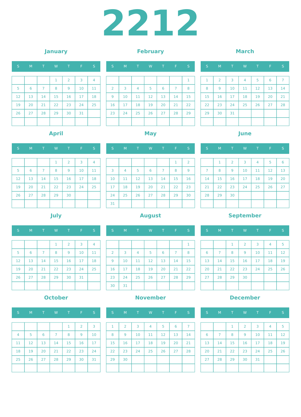 Printable 2212 Year Calendars verdigris