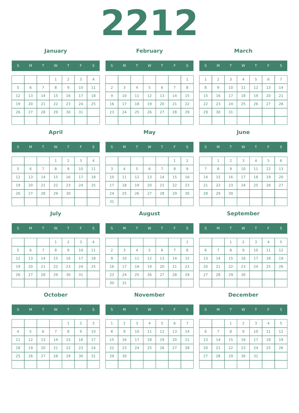 Printable 2212 Year Calendars viridian