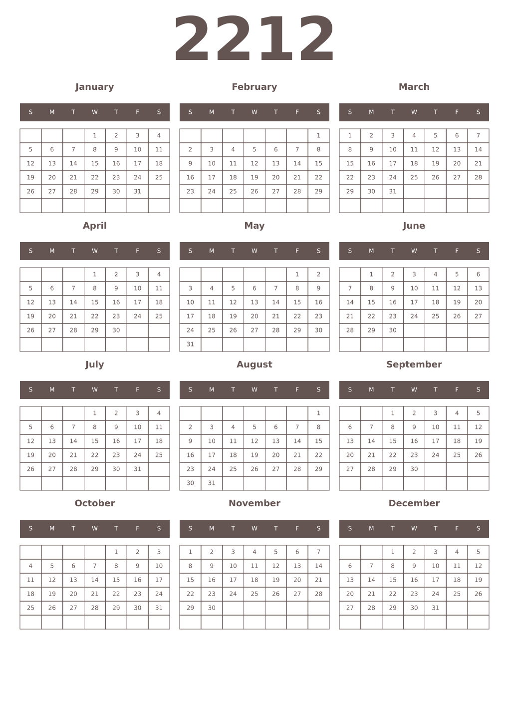 Printable 2212 Year Calendars wenge