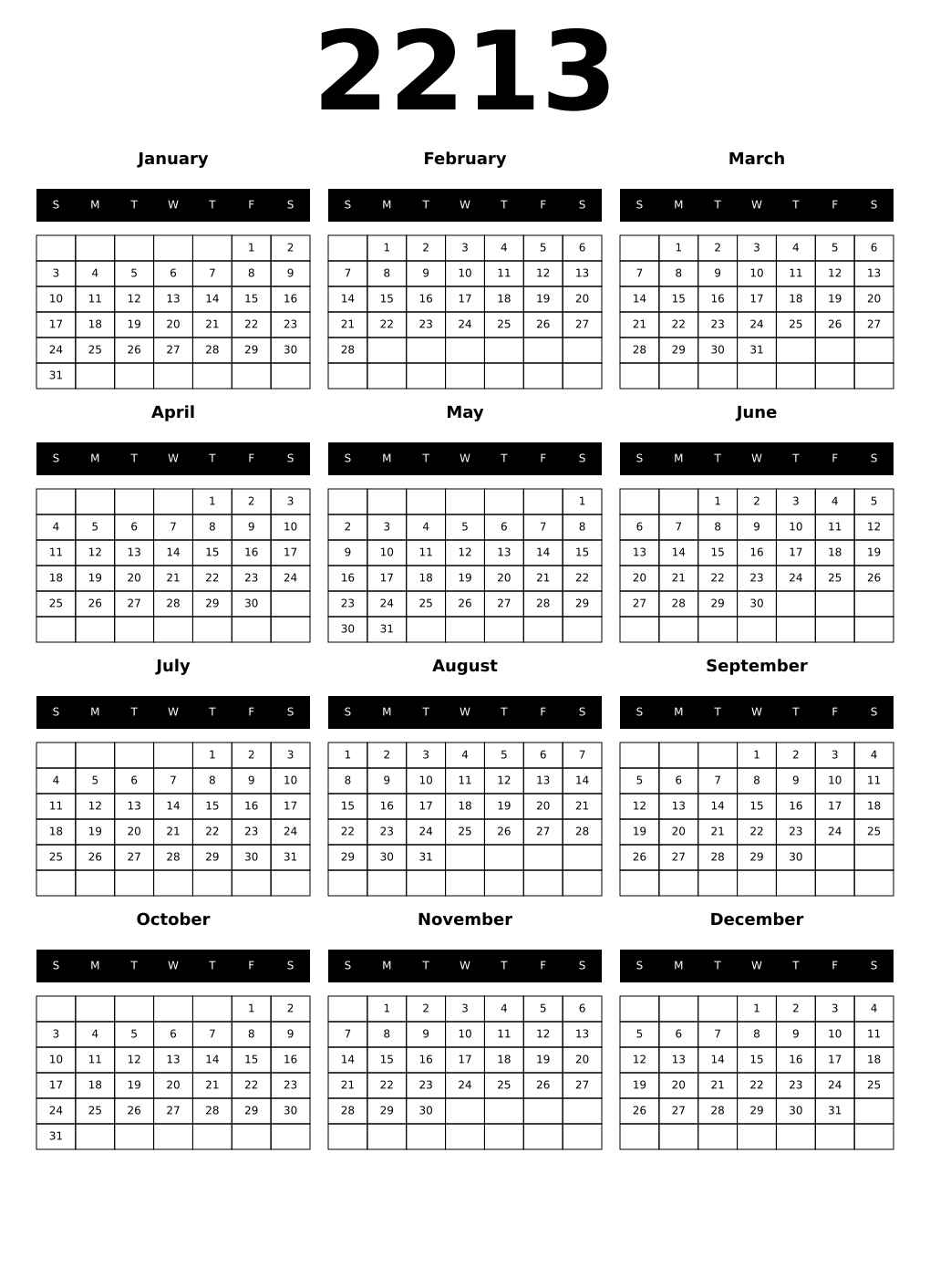 Printable 2213 Year Calendars black