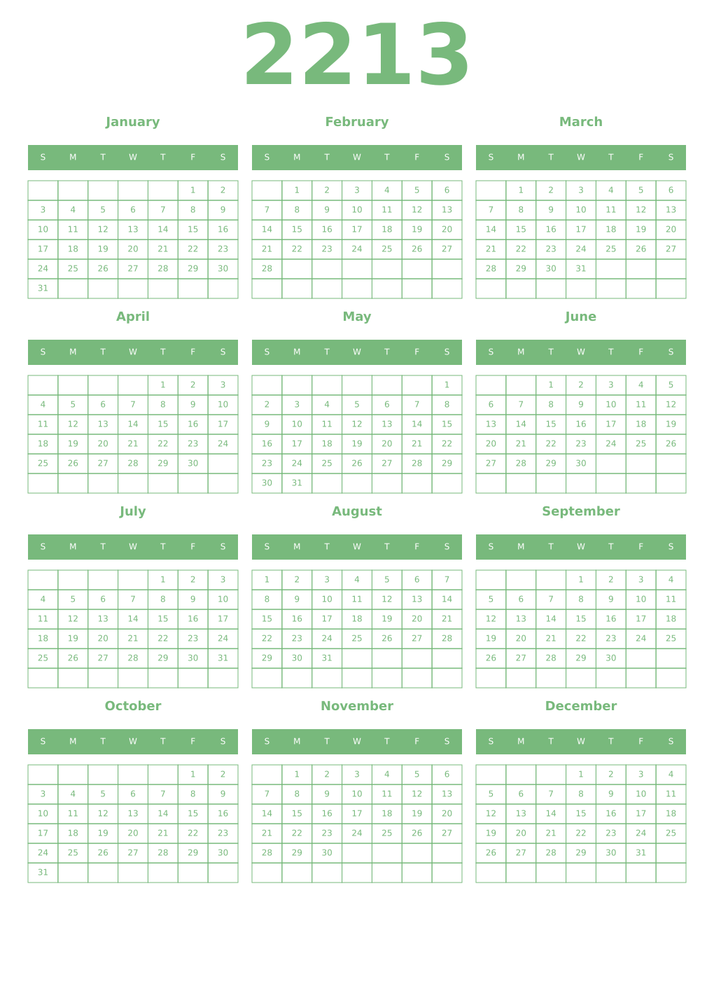 Printable 2213 Year Calendars celadon
