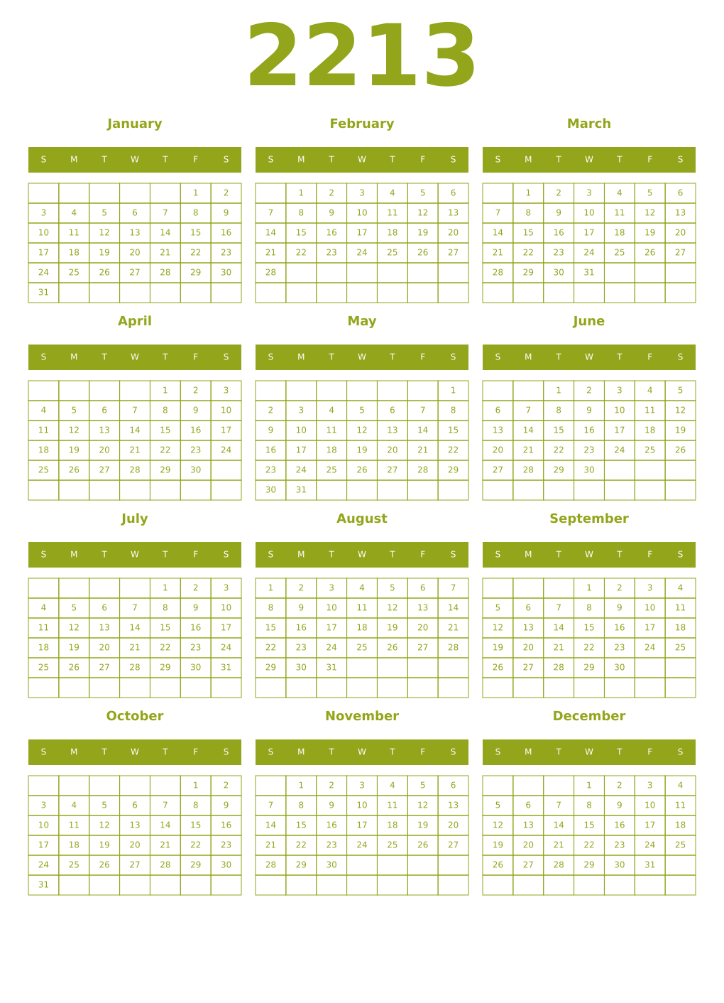 Printable 2213 Year Calendars chartreuse