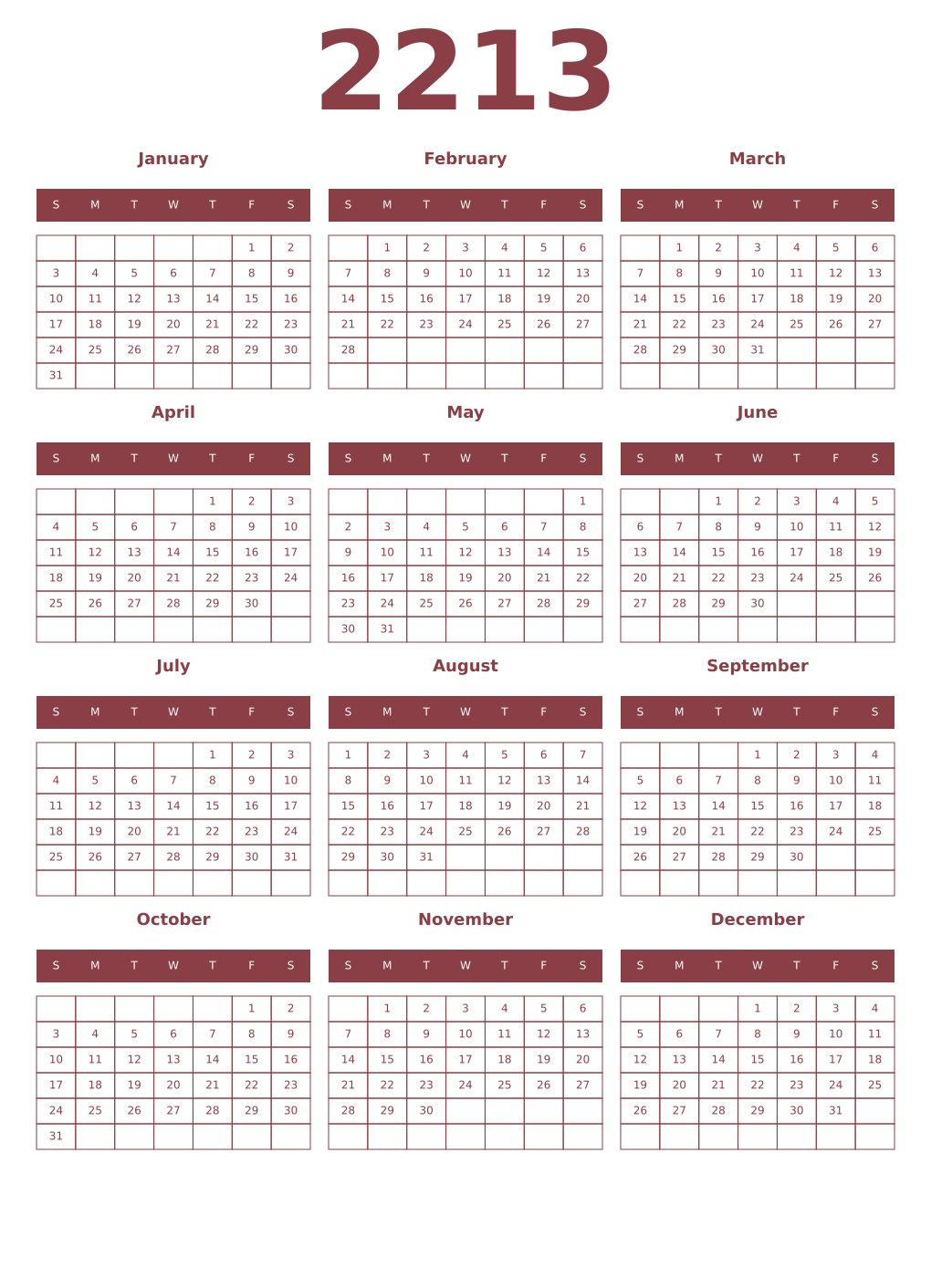 Printable 2213 Year Calendars cordovan