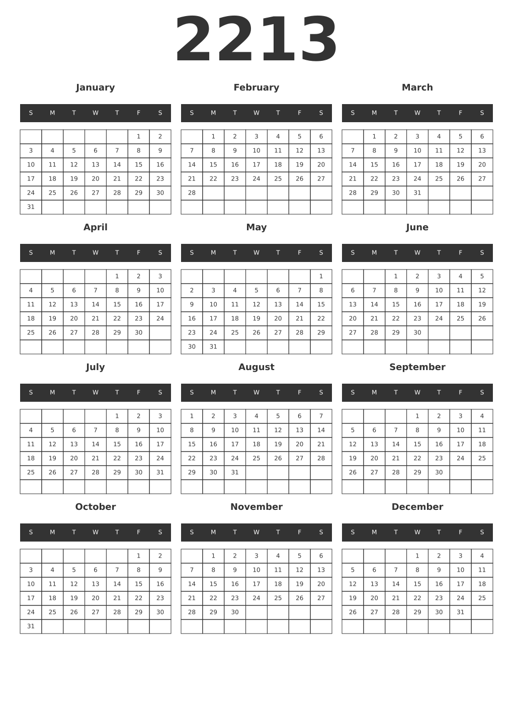 Printable 2213 Year Calendars dark