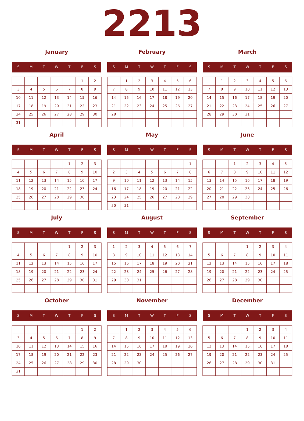 Printable 2213 Year Calendars falu