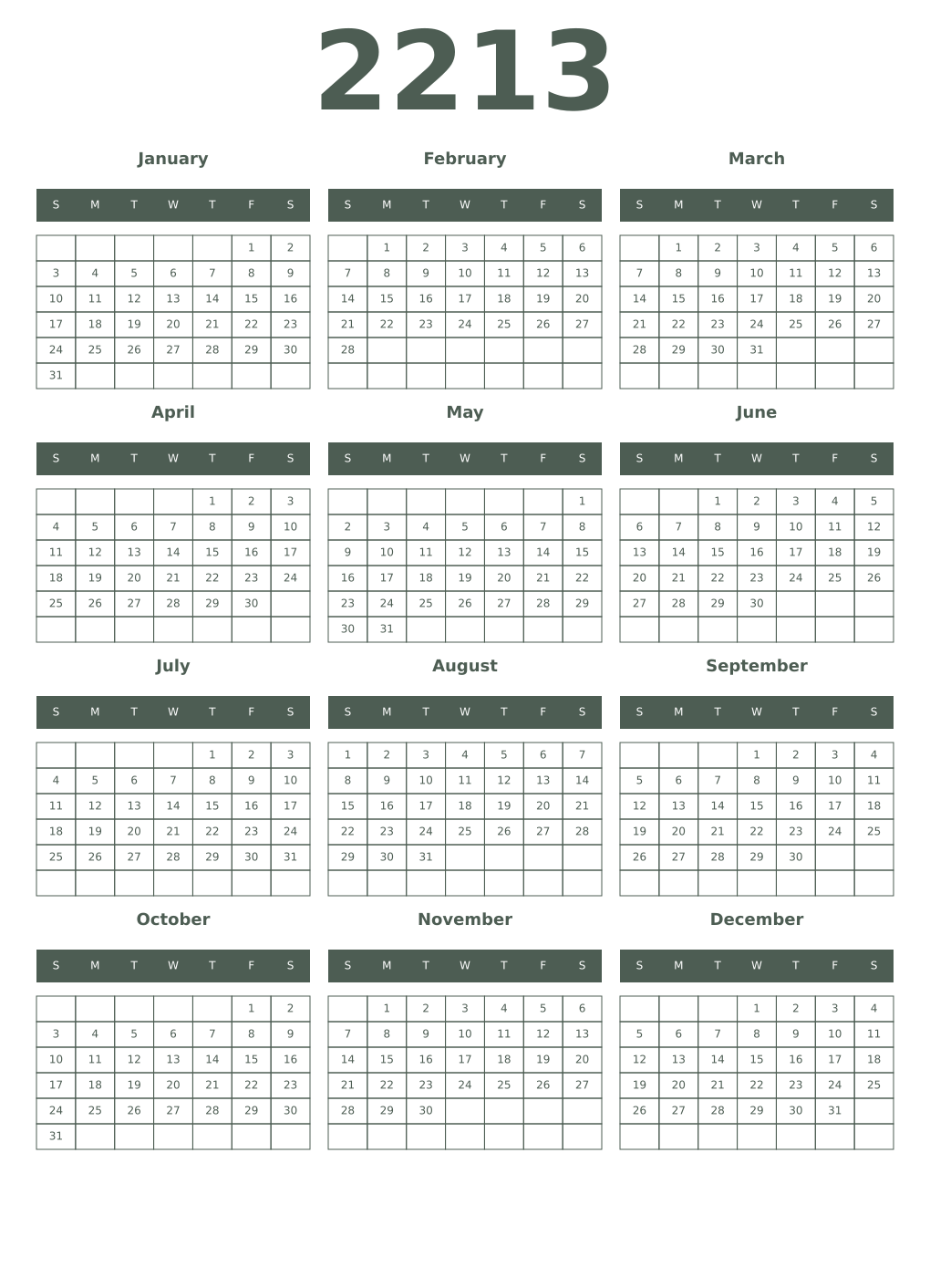 Printable 2213 Year Calendars feldgrau