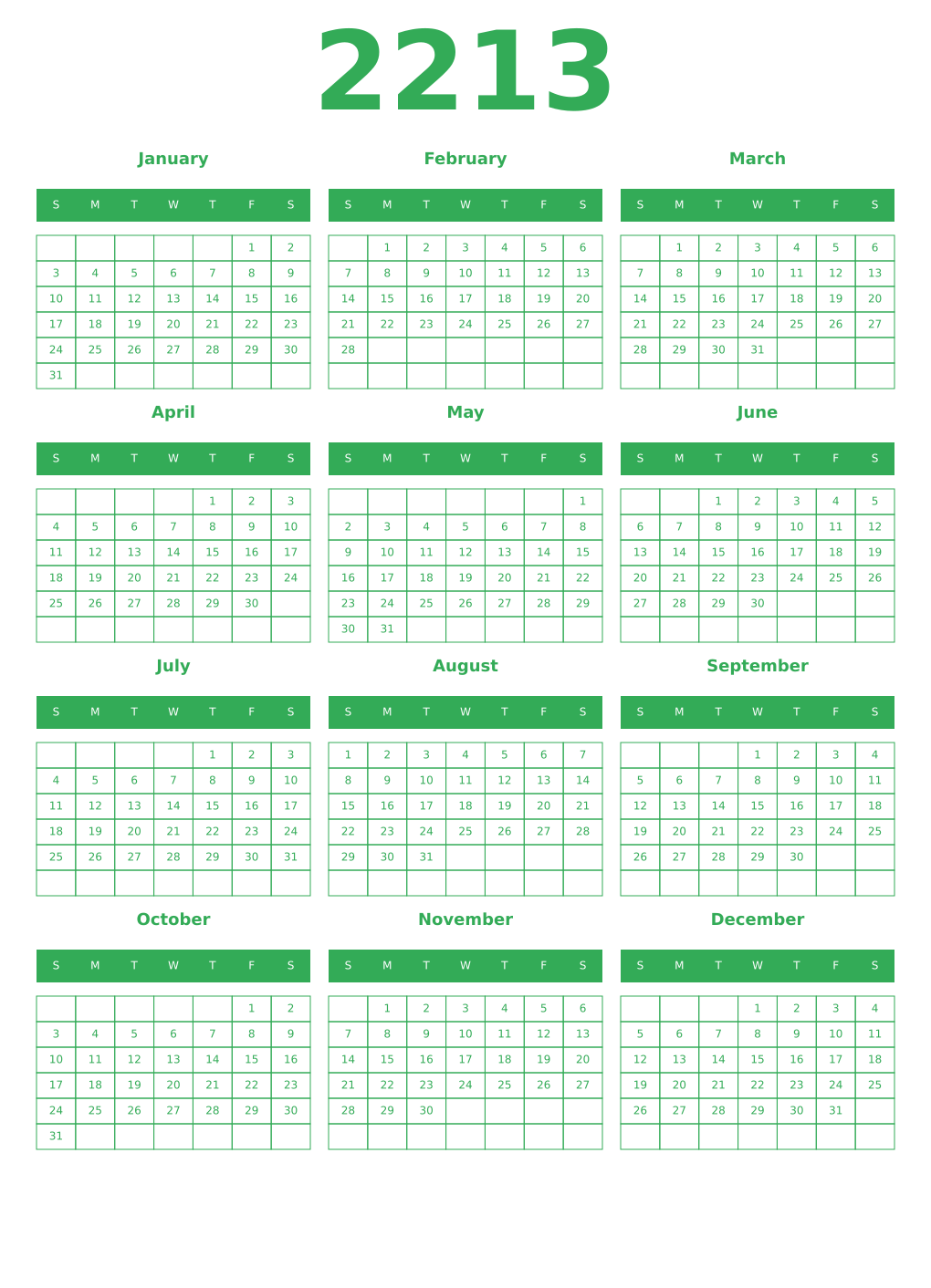 Printable 2213 Year Calendars green