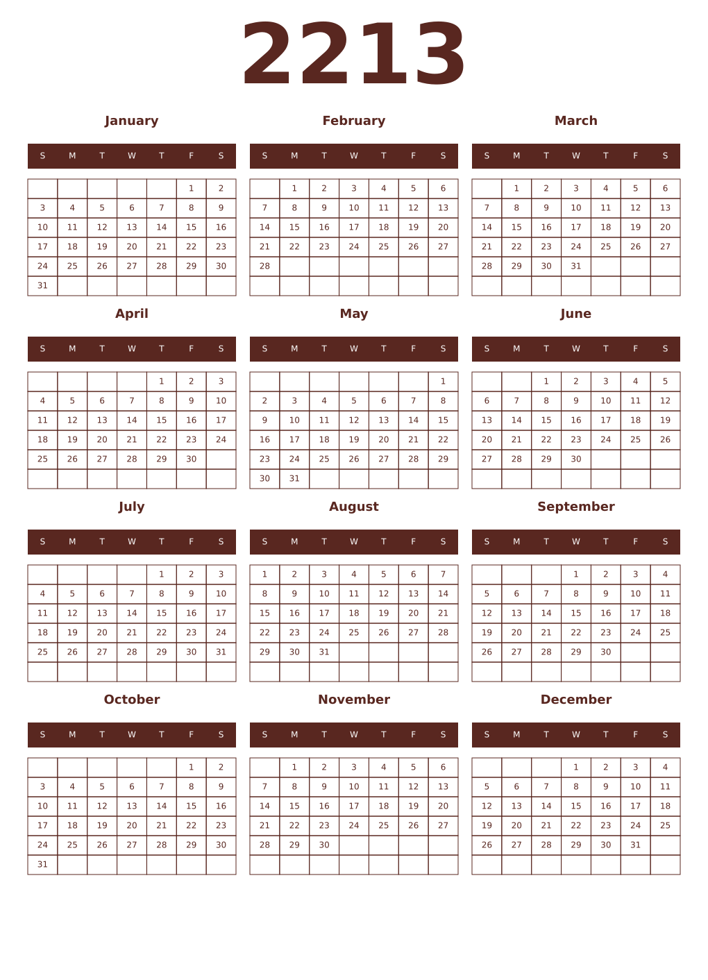 Printable 2213 Year Calendars mortuum