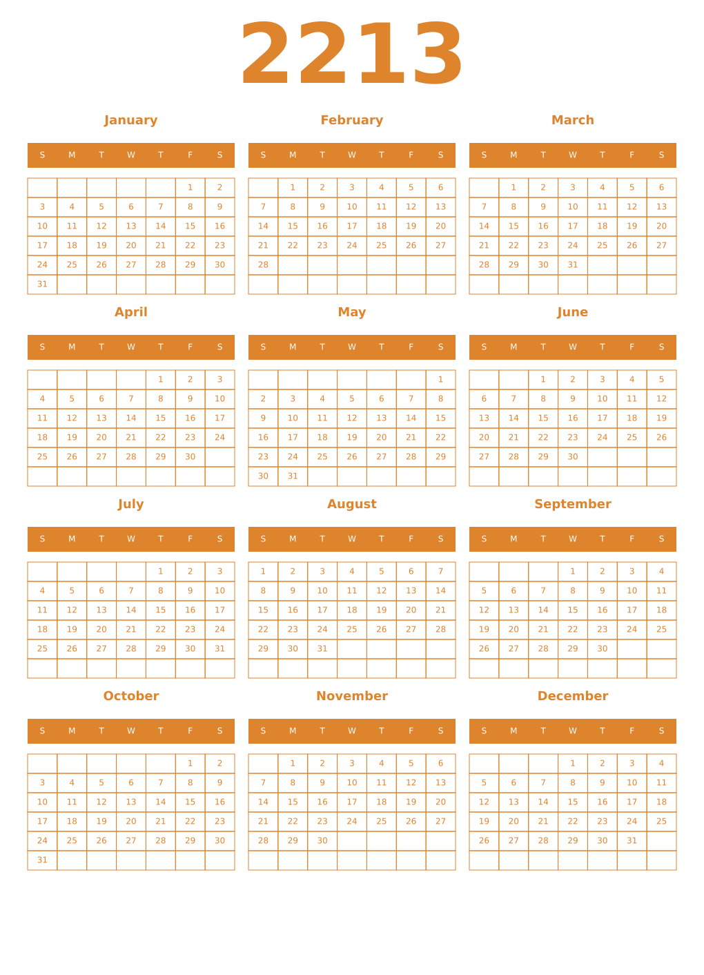 Printable 2213 Year Calendars orange