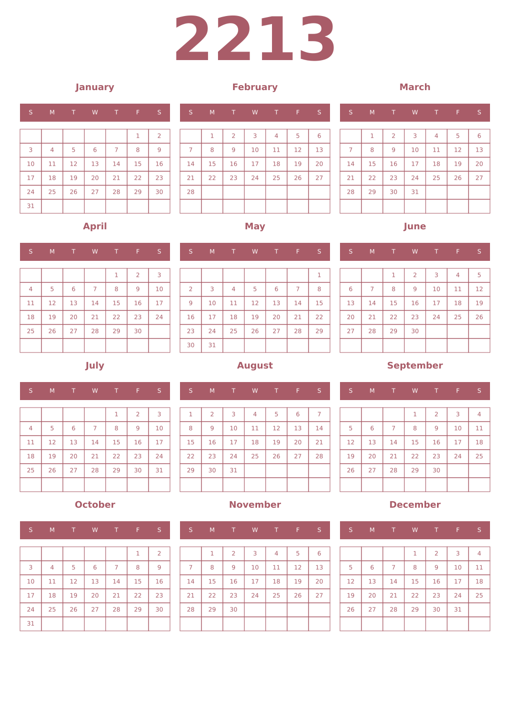 Printable 2213 Year Calendars puce