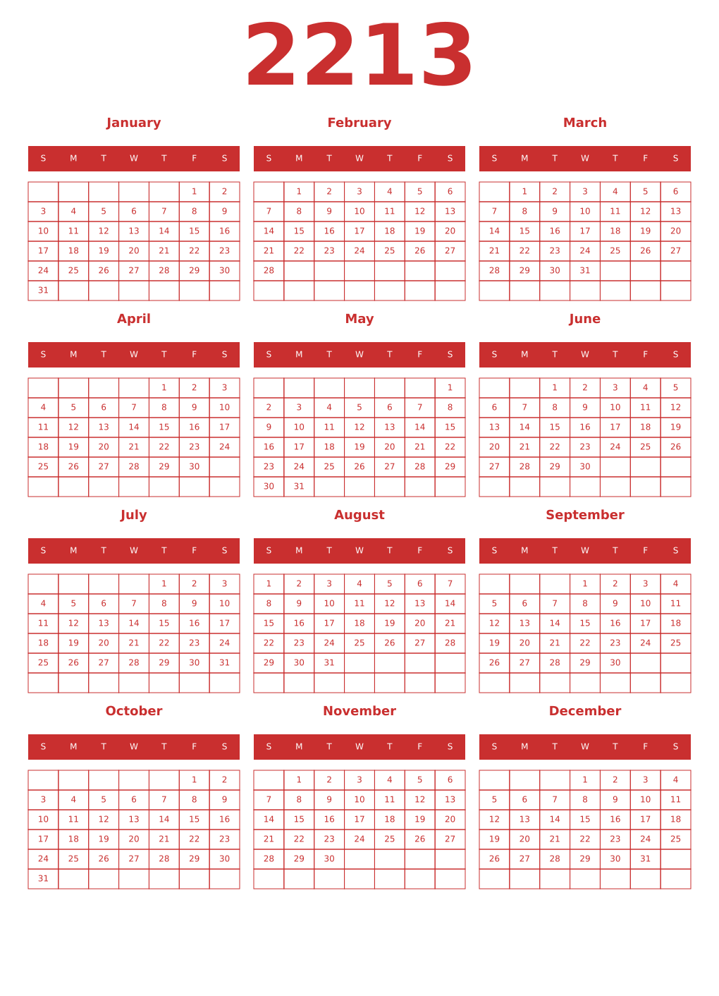 Printable 2213 Year Calendars red