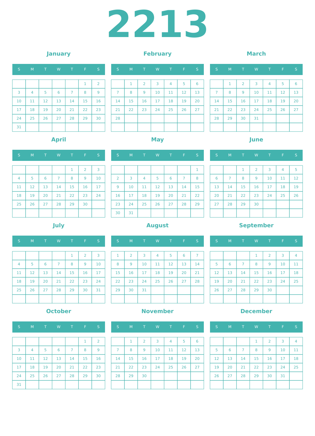 Printable 2213 Year Calendars verdigris