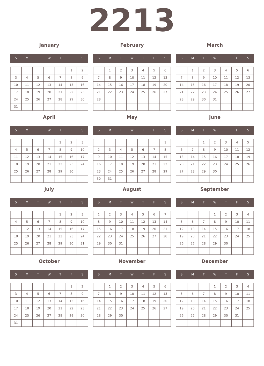 Printable 2213 Year Calendars wenge
