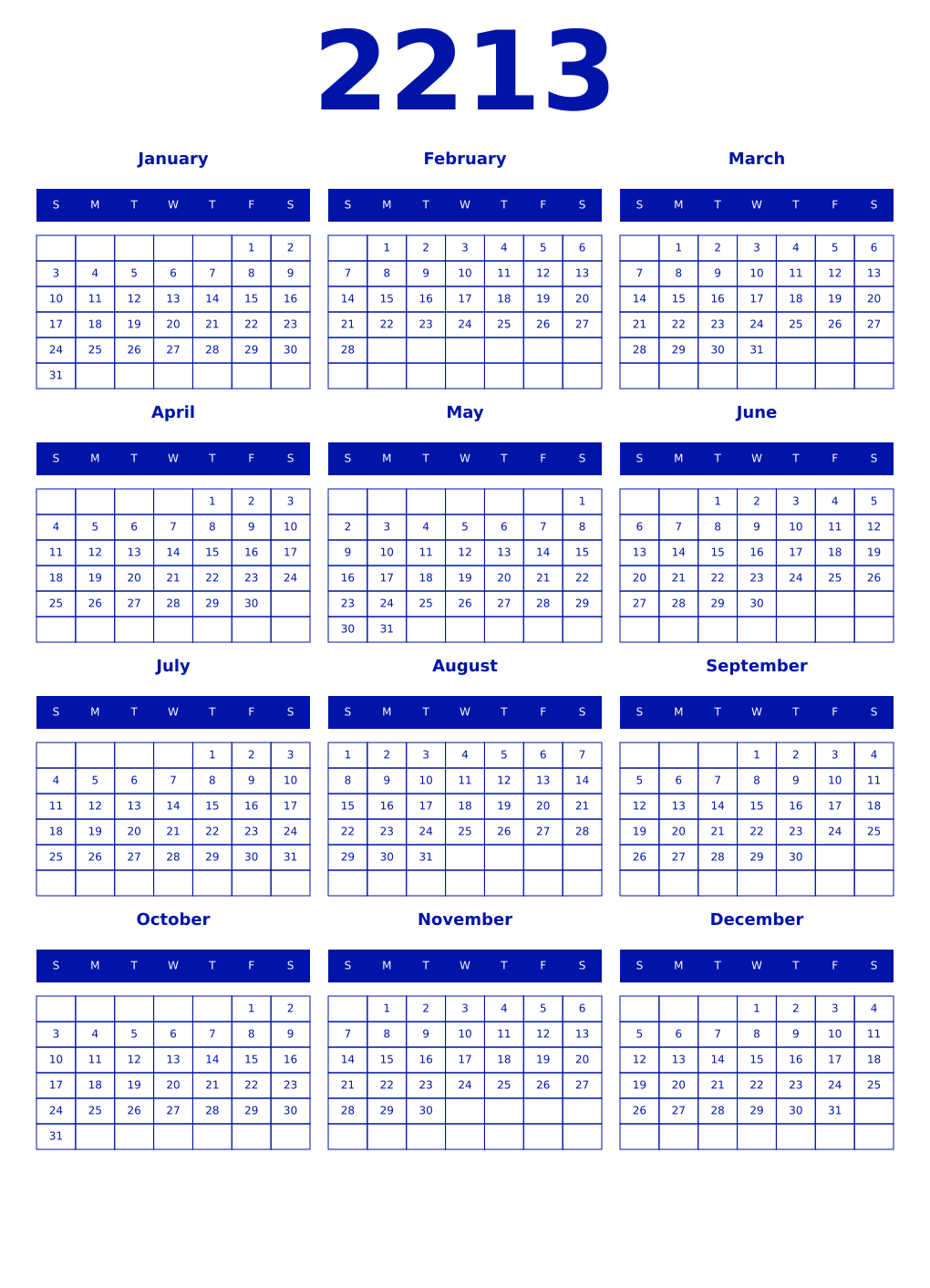Printable 2213 Year Calendars zaffre