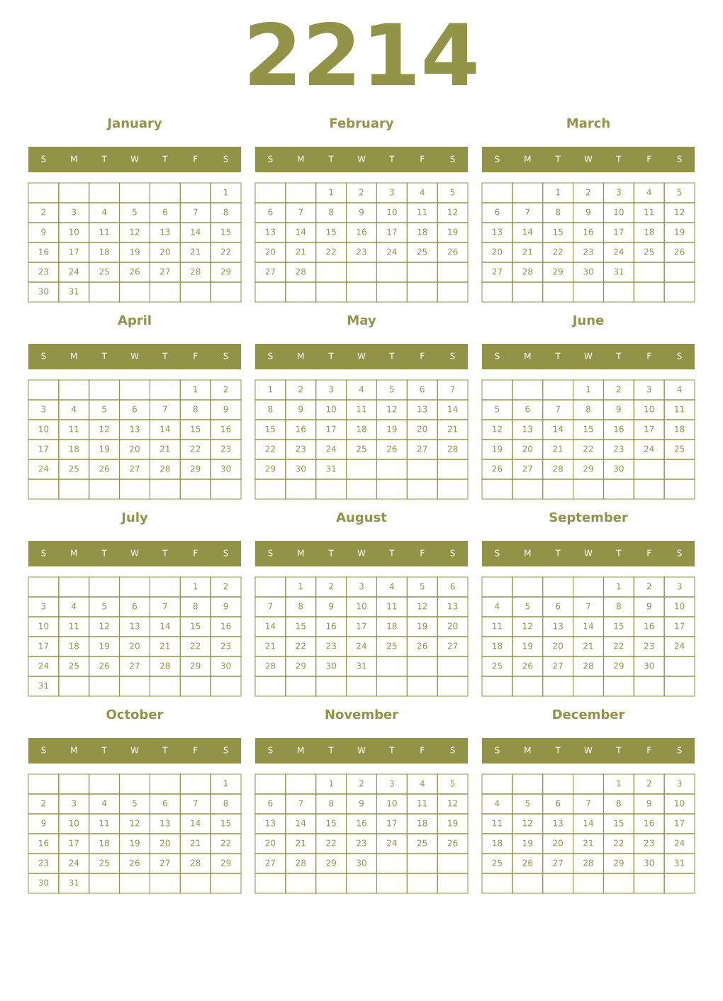 Printable 2214 Year Calendars eburnean