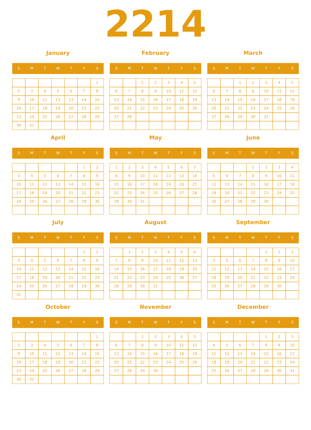 Printable 2214 Year Calendars gamboge