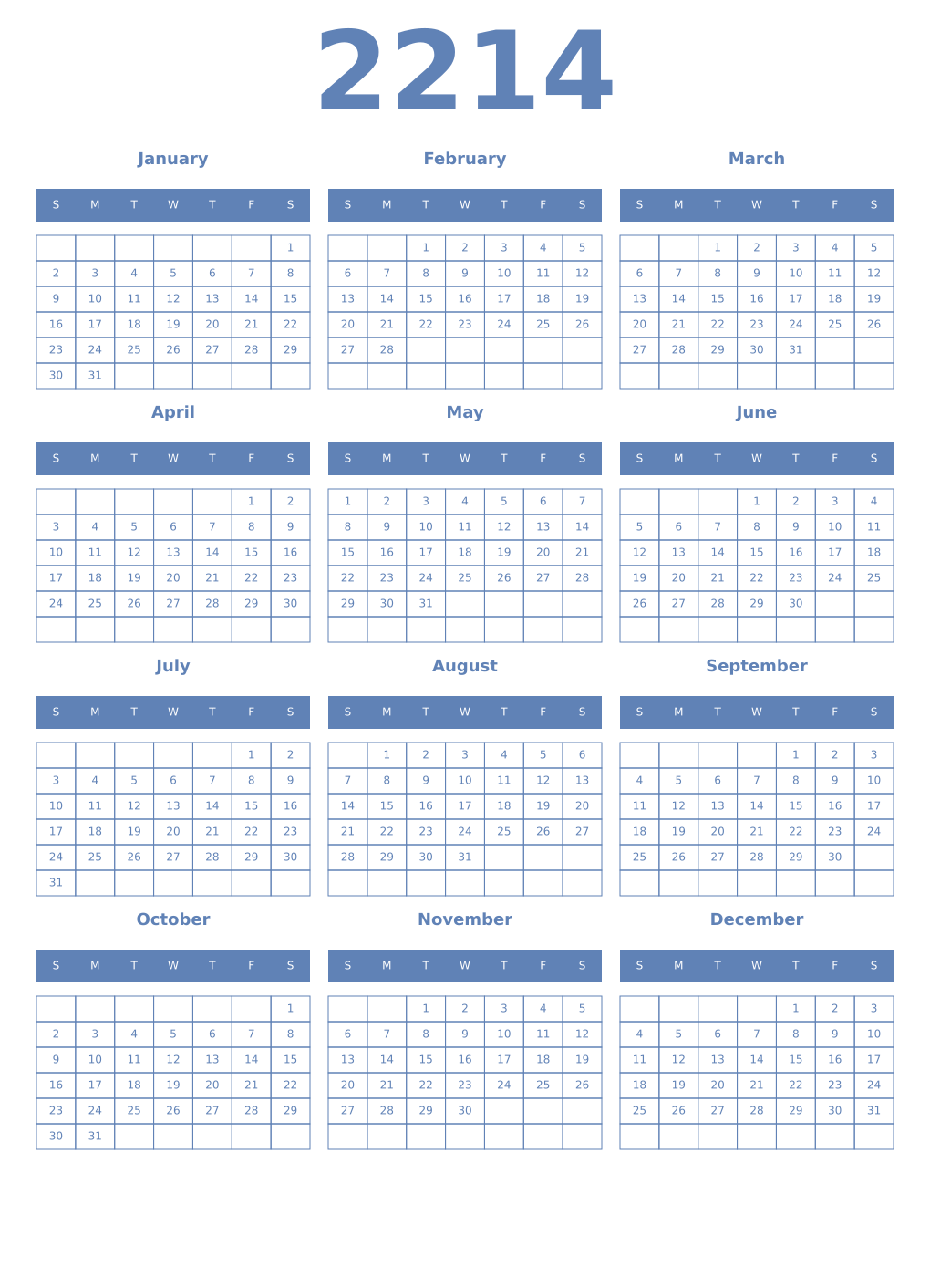 Printable 2214 Year Calendars glaucous