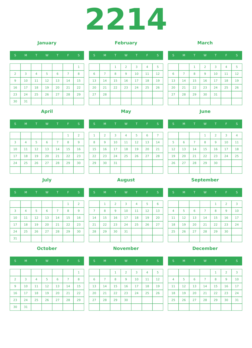 Printable 2214 Year Calendars green