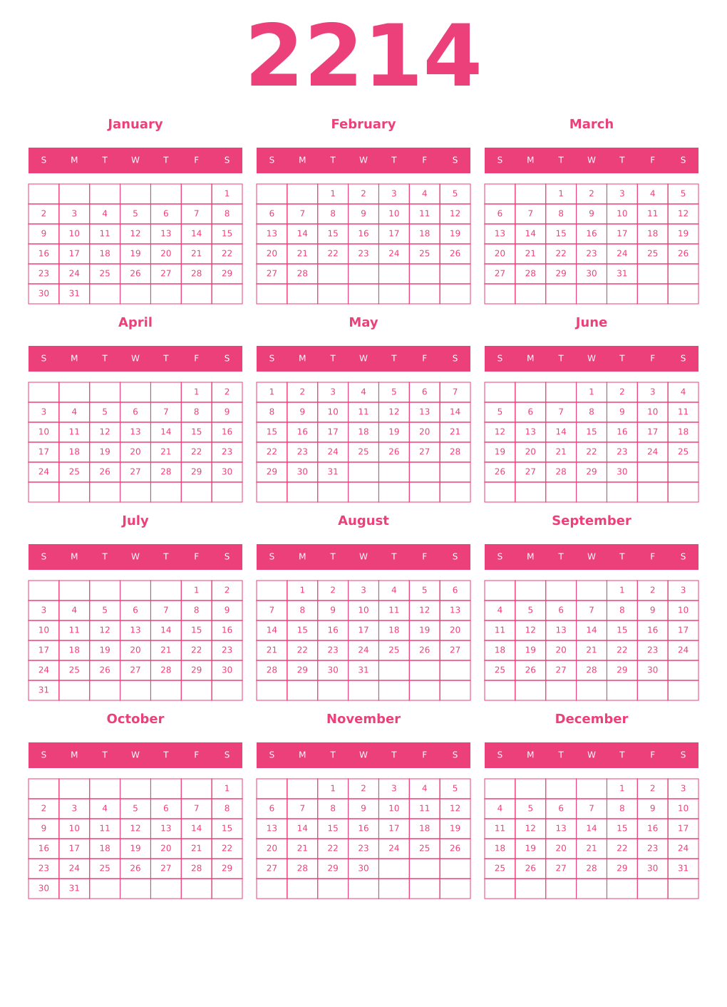 Printable 2214 Year Calendars pink