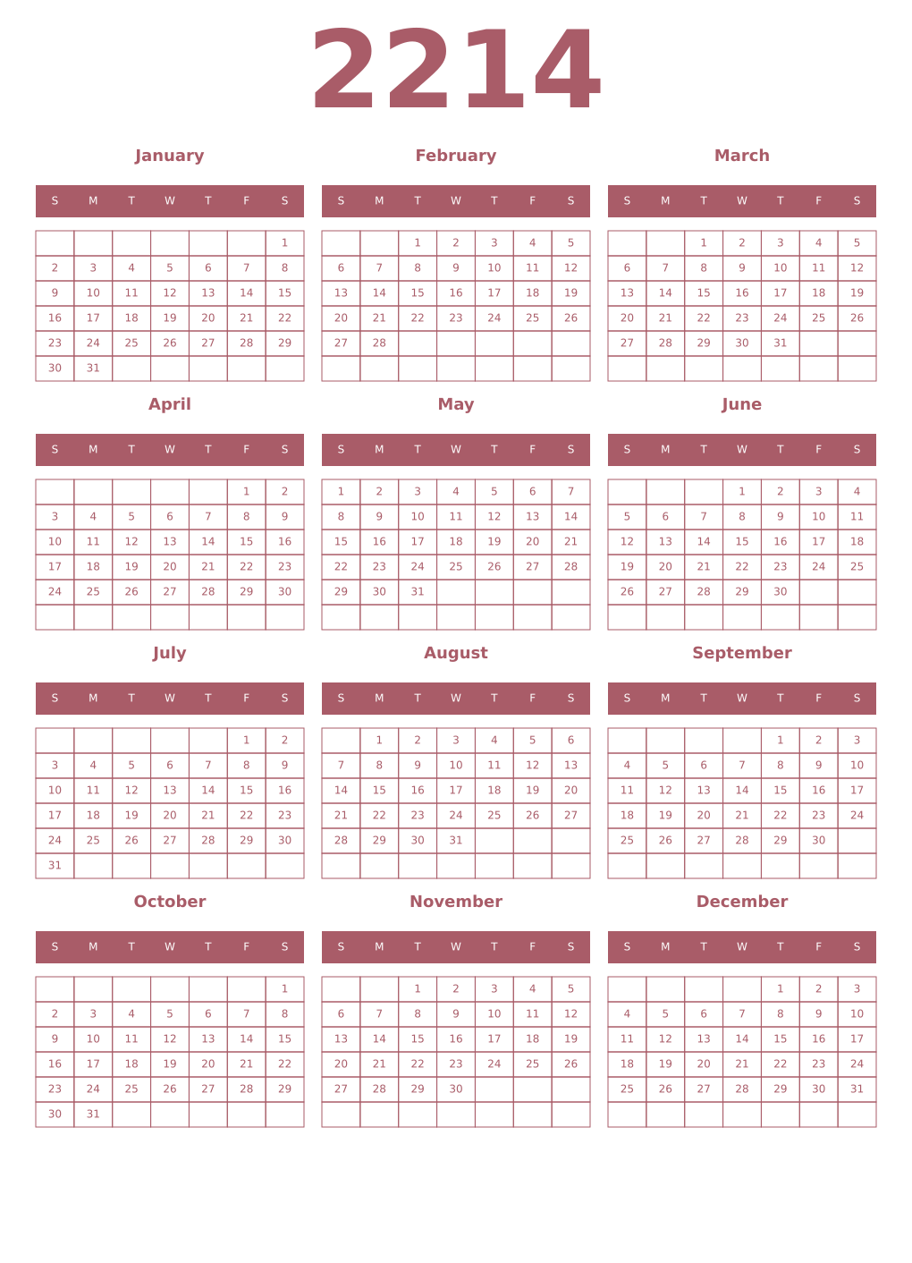 Printable 2214 Year Calendars puce