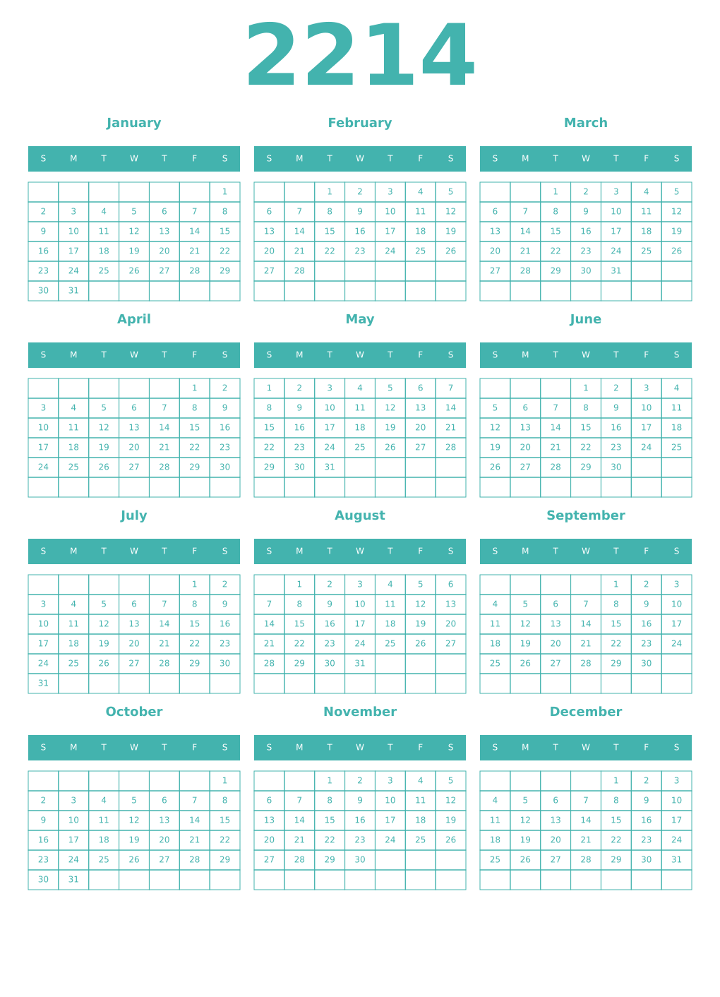 Printable 2214 Year Calendars verdigris