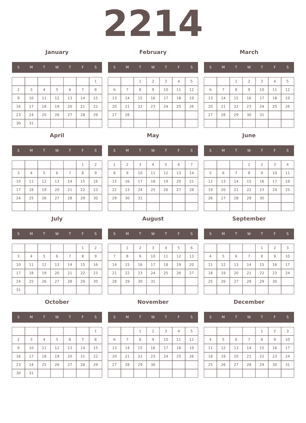 Printable 2214 Year Calendars wenge